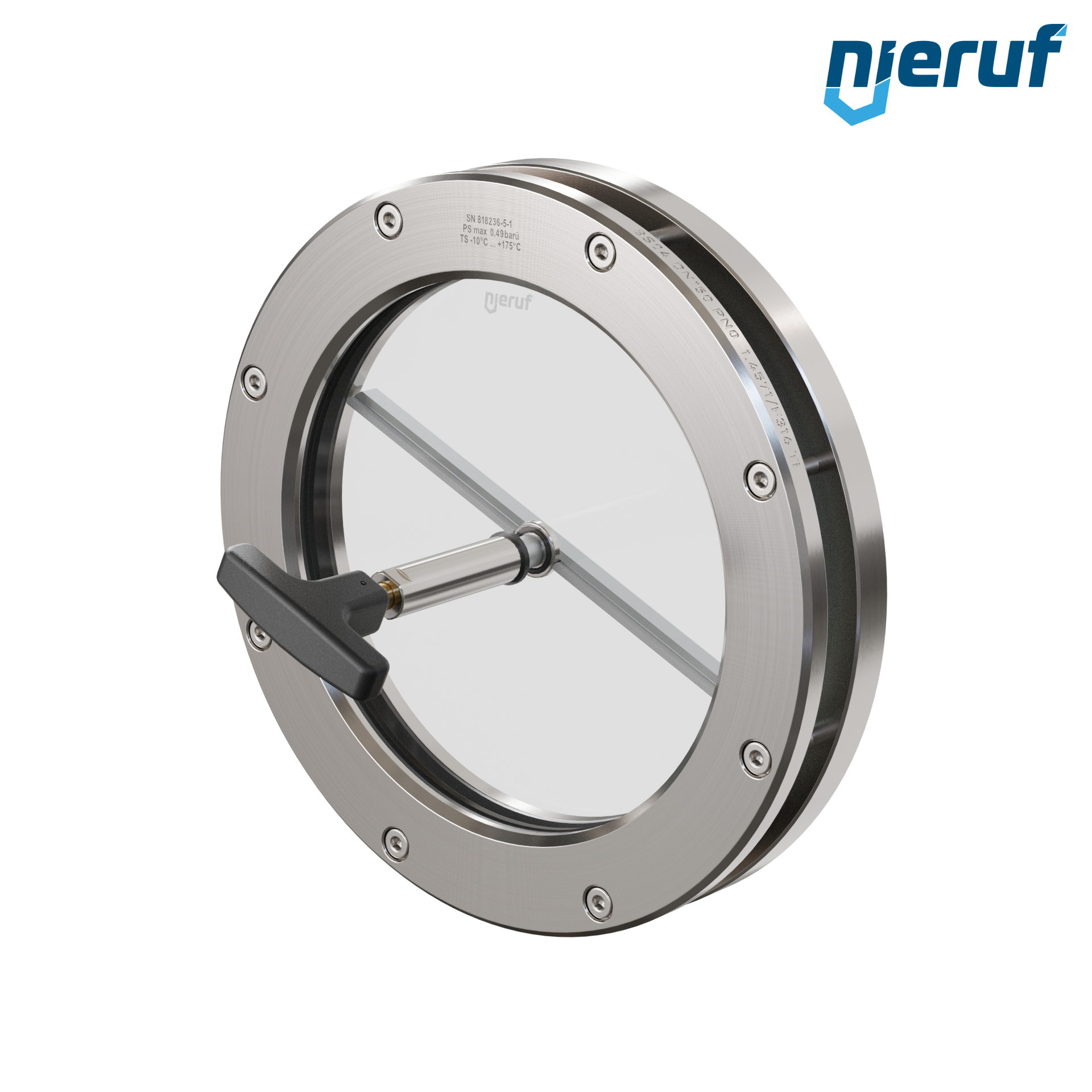 oblò di osservazione per serbatoi con tergicristallo in PTFE DN150 BS04 acciaio inossidabile 1.4571 grafite vetro borosilicato 0,0 bar