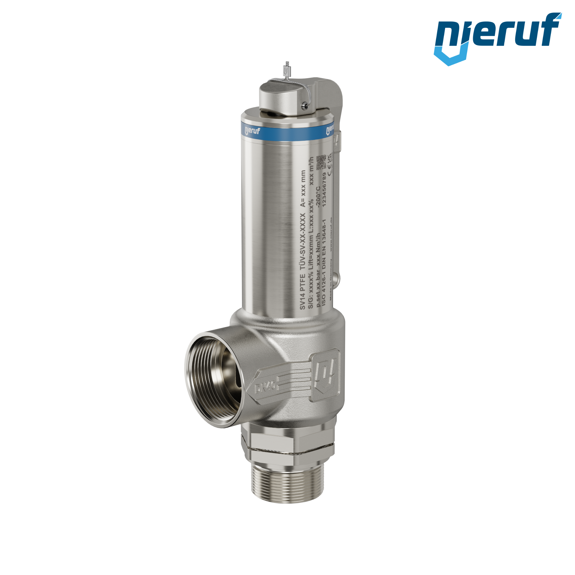 valvola di sicurezza criogenica DN25 1 1/4"  M x 1 1/2" F SV14, acciaio inox PTFE, con leva
