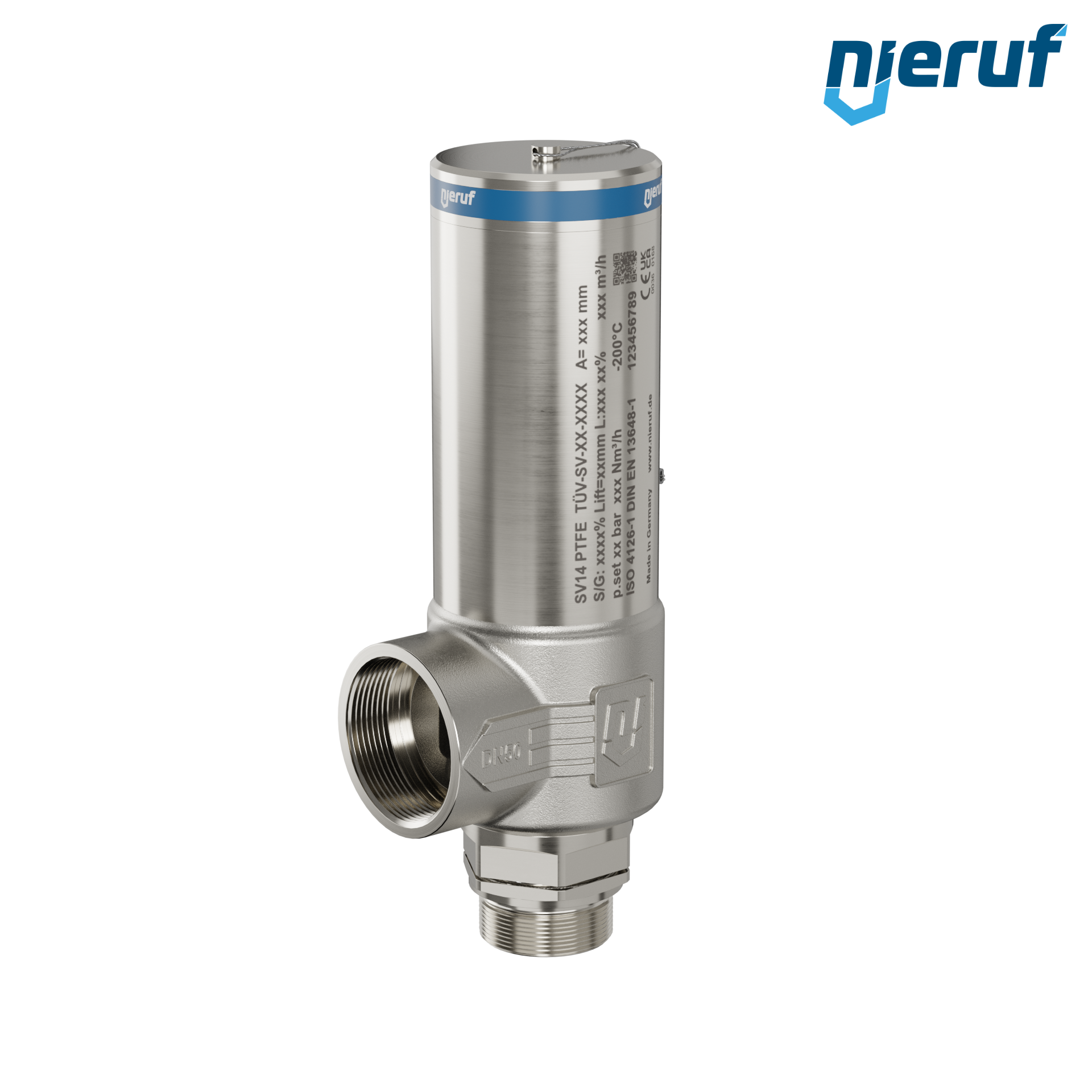 valvola di sicurezza criogenica DN32 1 1/2" M x 2" F SV14, acciaio inox PTFE, senza leva