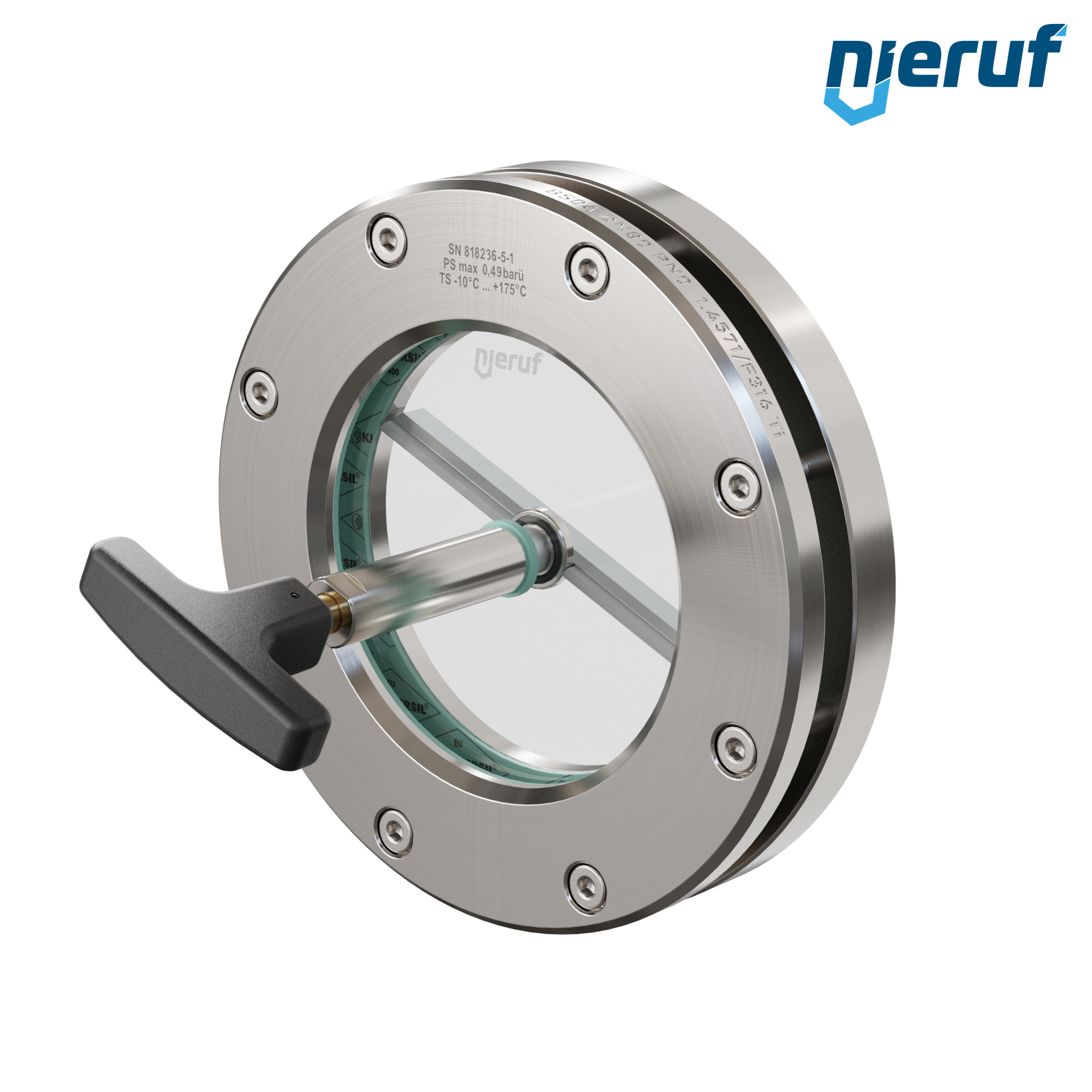 oblò di osservazione per serbatoi con tergicristallo in PTFE DN80 BS04 acciaio inossidabile 1.4571 vetro borosilicato 0,0 bar