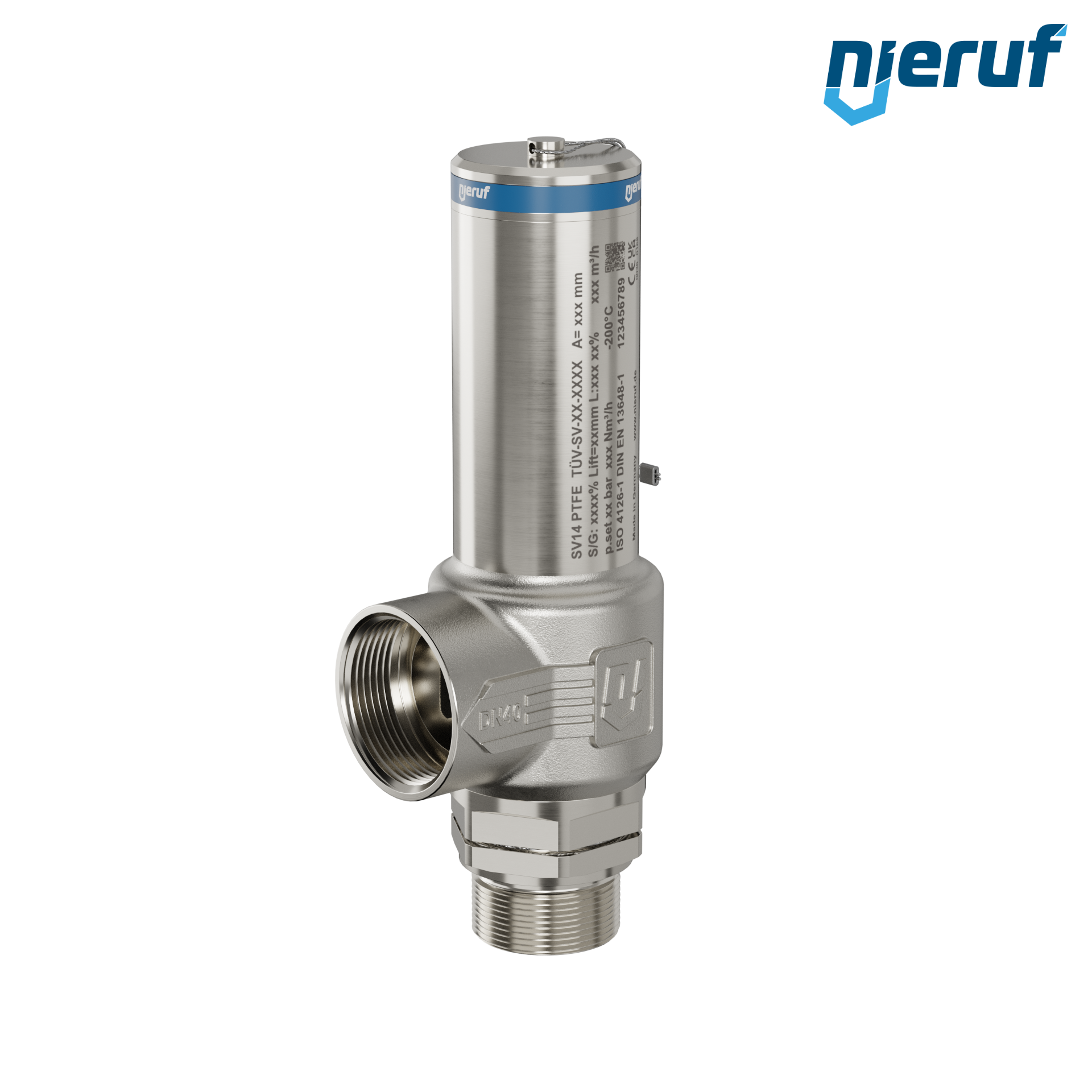 valvola di sicurezza criogenica DN25 1 1/4" M x 1 1/2" F SV14, acciaio inox PTFE, senza leva