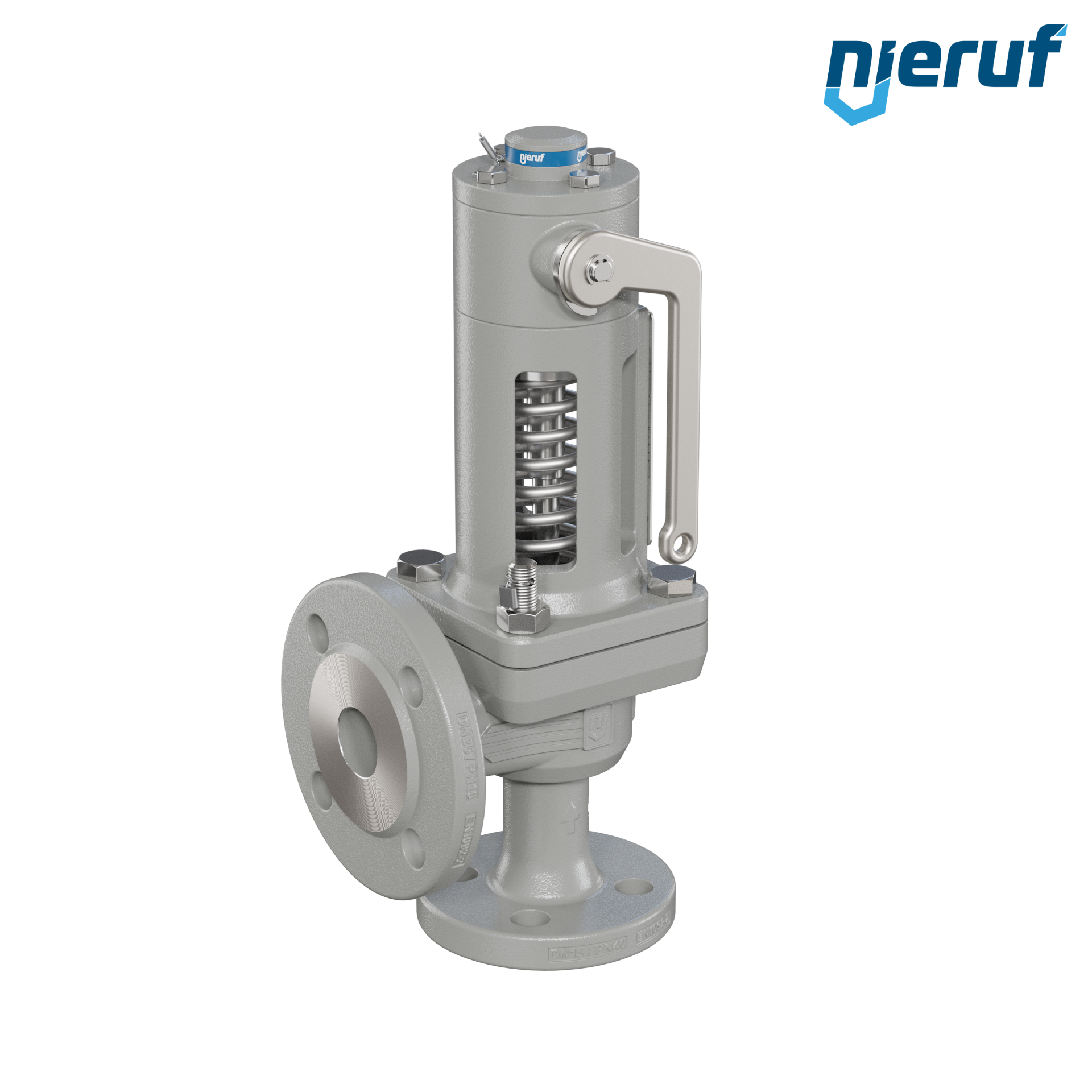 valvola di sicurezza flangiata DN15/DN25 SF06, cappello della molla aperto PTFE, dispositivo di sollevamento con leva