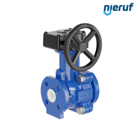 PFA-Flanschkugelhahn FK13 DN15 - 1/2" Zoll ANSI 150 aus Sphäroguss mit Handgetriebe